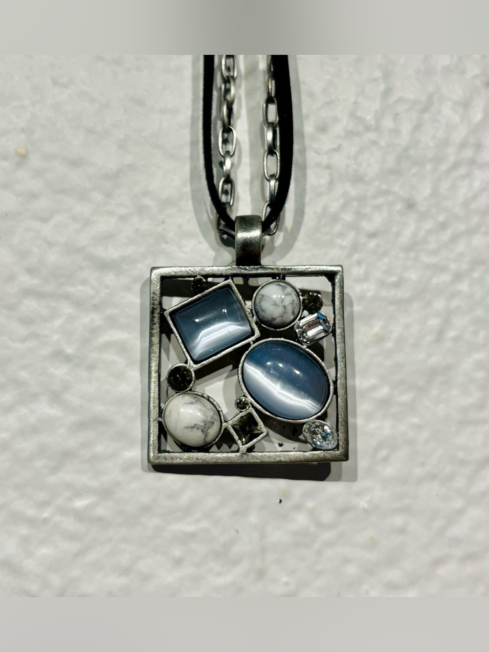 Vintage Double Strand Silver Tone and White Gemstone Square Pendant Necklace